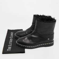Pre Owned Chanel Black Leather CC Cap Toe Chain detail Ankle Length Boots Size 38