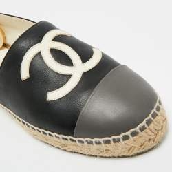 مملوكة مسبقًا Chanel Black/Grey Leather CC Cap Toe Espadrille Flats Size 36