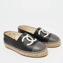 مملوكة مسبقًا Chanel Black/Grey Leather CC Cap Toe Espadrille Flats Size 36