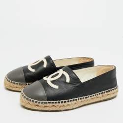 مملوكة مسبقًا Chanel Black/Grey Leather CC Cap Toe Espadrille Flats Size 36