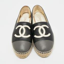 مملوكة مسبقًا Chanel Black/Grey Leather CC Cap Toe Espadrille Flats Size 36