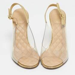Pre Owned Chanel Gold/Transparent  Leather and PVC Open Toe Slingback Pumps Size 41