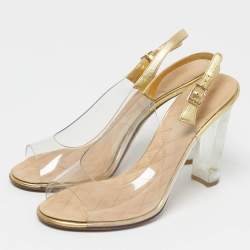 Pre Owned Chanel Gold/Transparent  Leather and PVC Open Toe Slingback Pumps Size 41