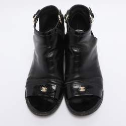 Pre Owned Chanel Black Patent Leather Pearl CC Ankle Strap Sandals Size 36