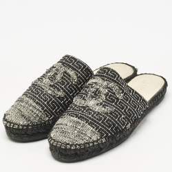 Pre Owned Chanel Black/White Tweed CC Espadrille Mules Size 39
