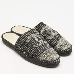 Pre Owned Chanel Black/White Tweed CC Espadrille Mules Size 39