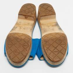 Pre Owned Chanel Blue/White Mesh And Leather CC Logo Platform Slide Wooden Sandals Size 38
