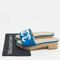 Pre Owned Chanel Blue/White Mesh And Leather CC Logo Platform Slide Wooden Sandals Size 38