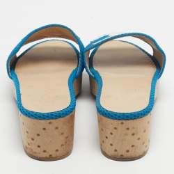 Pre Owned Chanel Blue/White Mesh And Leather CC Logo Platform Slide Wooden Sandals Size 38