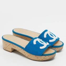 Pre Owned Chanel Blue/White Mesh And Leather CC Logo Platform Slide Wooden Sandals Size 38