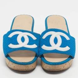 Pre Owned Chanel Blue/White Mesh And Leather CC Logo Platform Slide Wooden Sandals Size 38