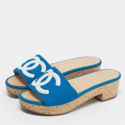 Pre Owned Chanel Blue/White Mesh And Leather CC Logo Platform Slide Wooden Sandals Size 38
