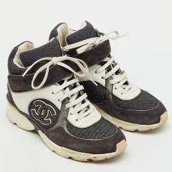Pre Owned Chanel Dark Grey/White Canvas, Suede and Leather CC Logo Lace Up Sneakers Size 35