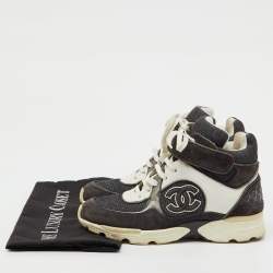 Pre Owned Chanel Dark Grey/White Canvas, Suede and Leather CC Logo Lace Up Sneakers Size 35