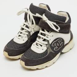 Pre Owned Chanel Dark Grey/White Canvas, Suede and Leather CC Logo Lace Up Sneakers Size 35