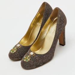 Pre Owned Chanel Metallic Lurex Fabric CC Pearl Heel Pumps Size 37.5