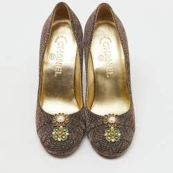 Pre Owned Chanel Metallic Lurex Fabric CC Pearl Heel Pumps Size 37.5