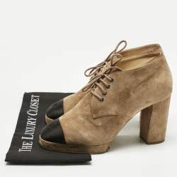 Pre Owned Chanel Beige/Black Suede Cap Toe Platform Ankle Boots Size 40.5