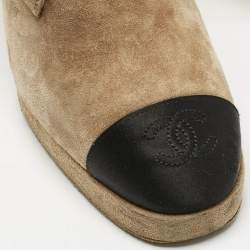 Pre Owned Chanel Beige/Black Suede Cap Toe Platform Ankle Boots Size 40.5