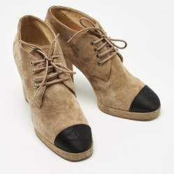 Pre Owned Chanel Beige/Black Suede Cap Toe Platform Ankle Boots Size 40.5