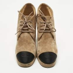 Pre Owned Chanel Beige/Black Suede Cap Toe Platform Ankle Boots Size 40.5