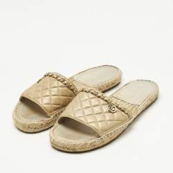 Pre Owned Chanel Gold Quilted Leather CC Chain Espadrille Flat Slides Size 36