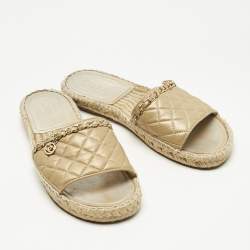 Pre Owned Chanel Gold Quilted Leather CC Chain Espadrille Flat Slides Size 36