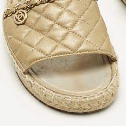 Pre Owned Chanel Gold Quilted Leather CC Chain Espadrille Flat Slides Size 36