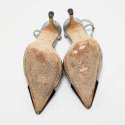 Pre Owned Chanel Black/Silver Leather and Canvas Pointed Toe Slingback Pumps Size 41