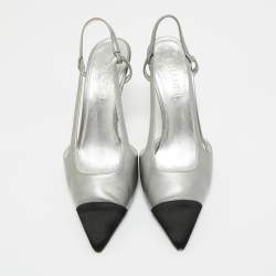 Pre Owned Chanel Black/Silver Leather and Canvas Pointed Toe Slingback Pumps Size 41