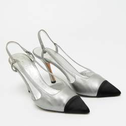 Pre Owned Chanel Black/Silver Leather and Canvas Pointed Toe Slingback Pumps Size 41