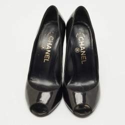 Pre Owned Chanel Black Patent Leather CC Peep Toe Pumps Size 34
