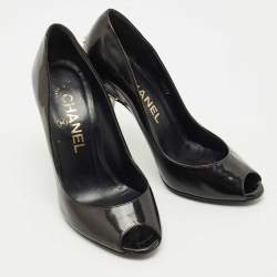 Pre Owned Chanel Black Patent Leather CC Peep Toe Pumps Size 34