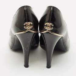 Pre Owned Chanel Black Patent Leather CC Peep Toe Pumps Size 34