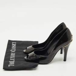 Pre Owned Chanel Black Patent Leather CC Peep Toe Pumps Size 34