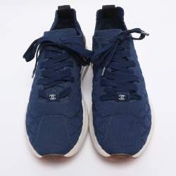 Pre Owned Chanel Blue Knit Fabric CC Low Top Sneakers Size 39