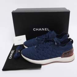 Pre Owned Chanel Blue Knit Fabric CC Low Top Sneakers Size 39