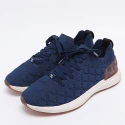 Pre Owned Chanel Blue Knit Fabric CC Low Top Sneakers Size 39