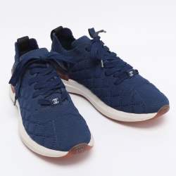 Pre Owned Chanel Blue Knit Fabric CC Low Top Sneakers Size 39