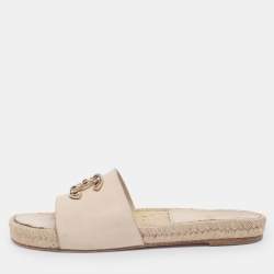 Pre Owned Chanel Light Beige Leather CC Espadrille Slides Sandals Size 39
