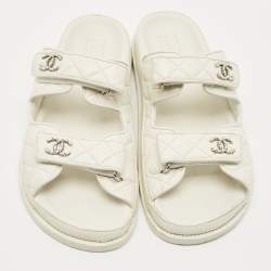 Pre Owned Chanel White Leather Dad Flat Sandals Size 41