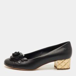 Pre Owned Chanel Black Leather CC Camelia Block Heel Pumps Size 41