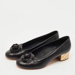 Pre Owned Chanel Black Leather CC Camelia Block Heel Pumps Size 41