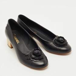 Pre Owned Chanel Black Leather CC Camelia Block Heel Pumps Size 41