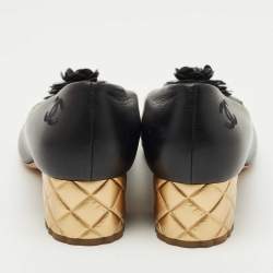 Pre Owned Chanel Black Leather CC Camelia Block Heel Pumps Size 41