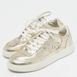 Pre Owned Chanel Gold Leather CC Low Top Sneakers Size 36