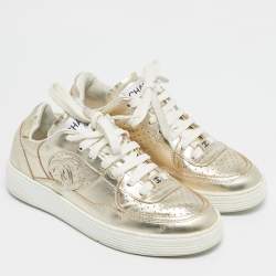 Pre Owned Chanel Gold Leather CC Low Top Sneakers Size 36