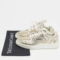 Pre Owned Chanel Gold Leather CC Low Top Sneakers Size 36