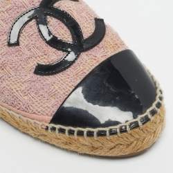 Pre Owned Chanel Pink/Black Tweed and Patent  CC Cap Toe Espadrilles Size 37
