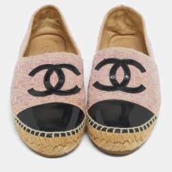 Pre Owned Chanel Pink/Black Tweed and Patent  CC Cap Toe Espadrilles Size 37